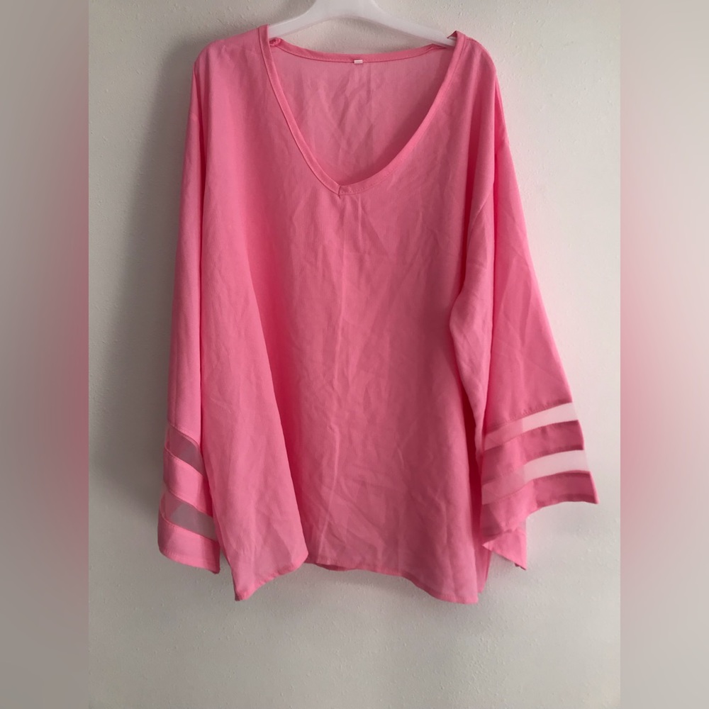 Women V-neck pink long sleeve top casual wear blouse t-shirt pink summer relax